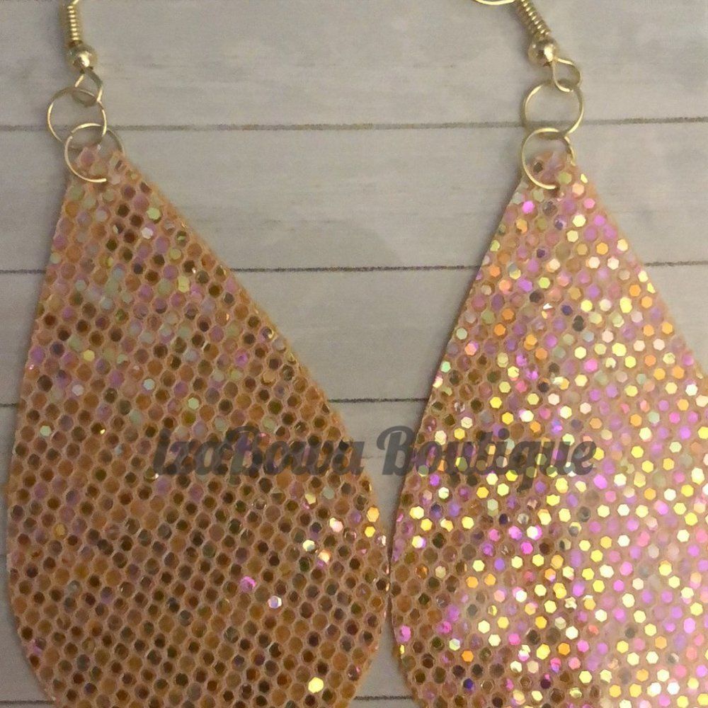 Tangerine Glitter Teardrop Faux Leather Earring  ER1701  Handmade NWT Boutique